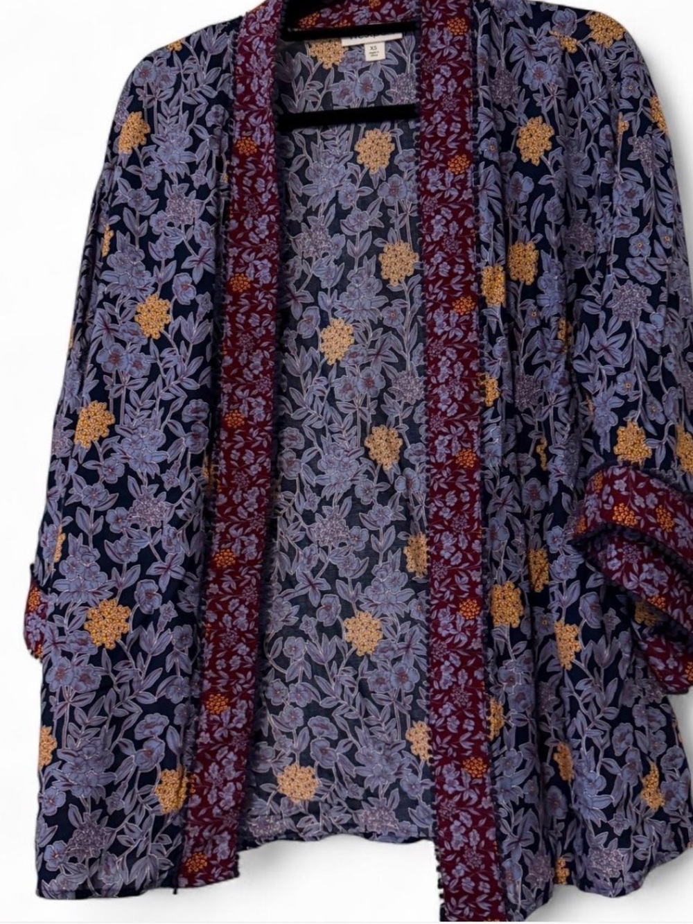 Westport Navy Floral Open Kimono with Lavender & Mustard Accents size XS
